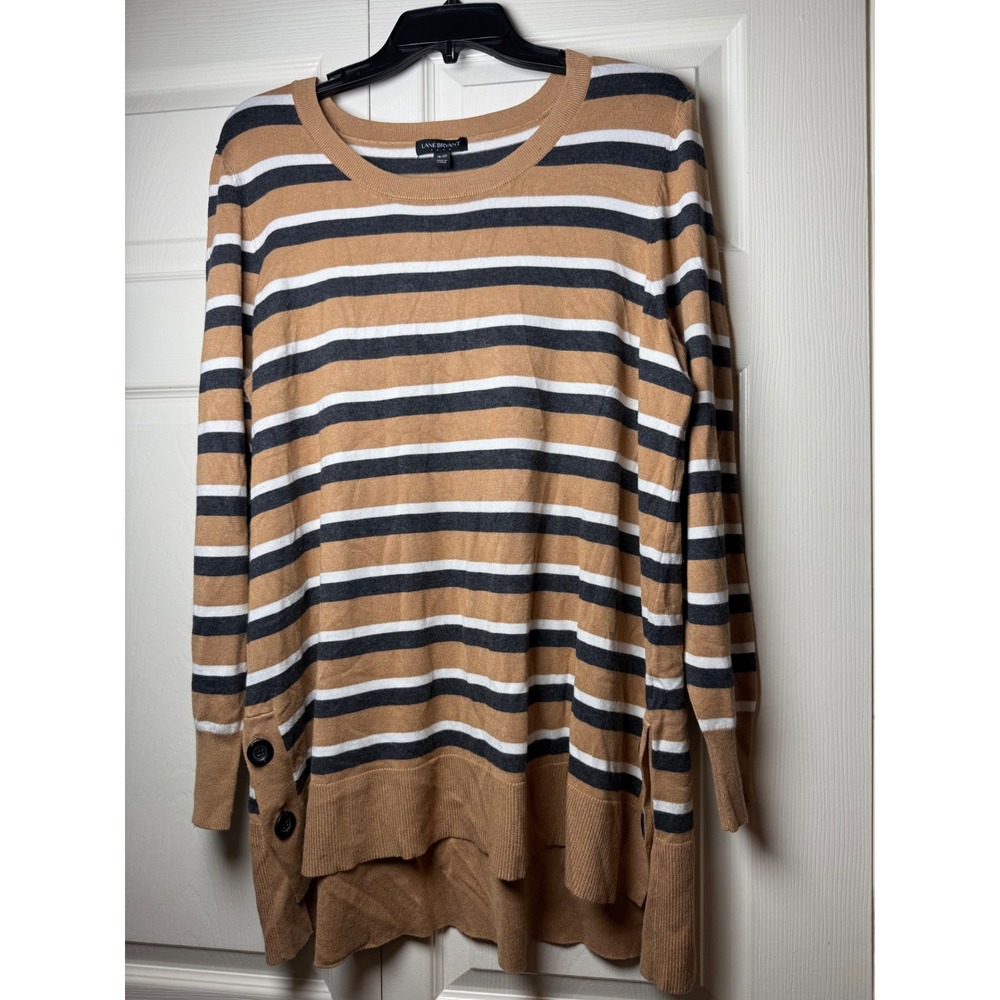 Lane Bryant Striped Tunic Sweater Womens 18/20 Tan Black White Button Detail